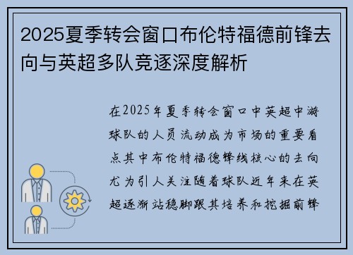 2025夏季转会窗口布伦特福德前锋去向与英超多队竞逐深度解析 2025夏季转会窗口布伦特福德前锋去向与英超多队竞逐深度解析